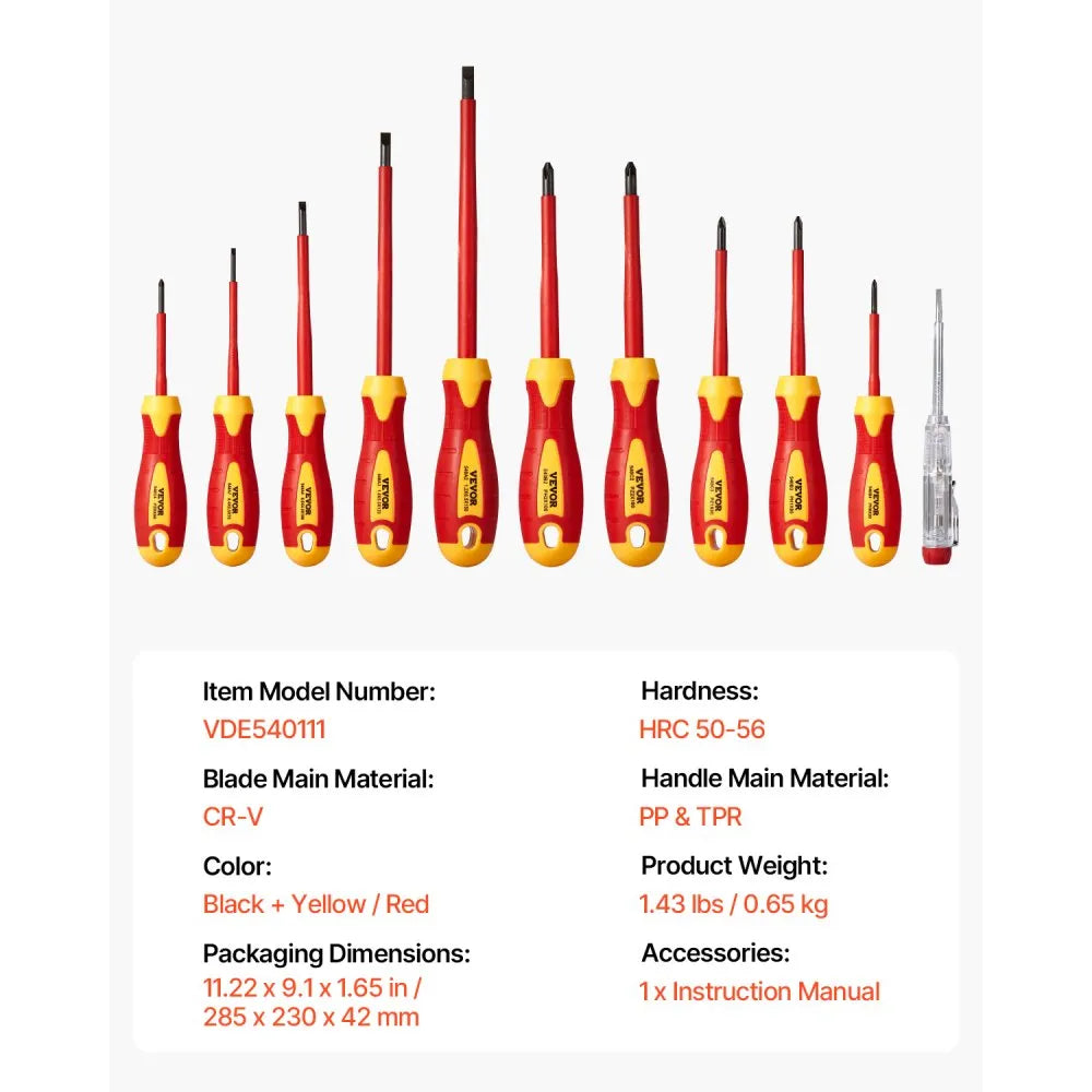 VEVOR Insulated Screwdriver Set, 11-Piece Professional Electrical Screwdriver Set, 1000V Insulated Electrician Tool Set, with Magnetic Phillips Slotted Pozi Tips, Voltage Tester, for Electricians