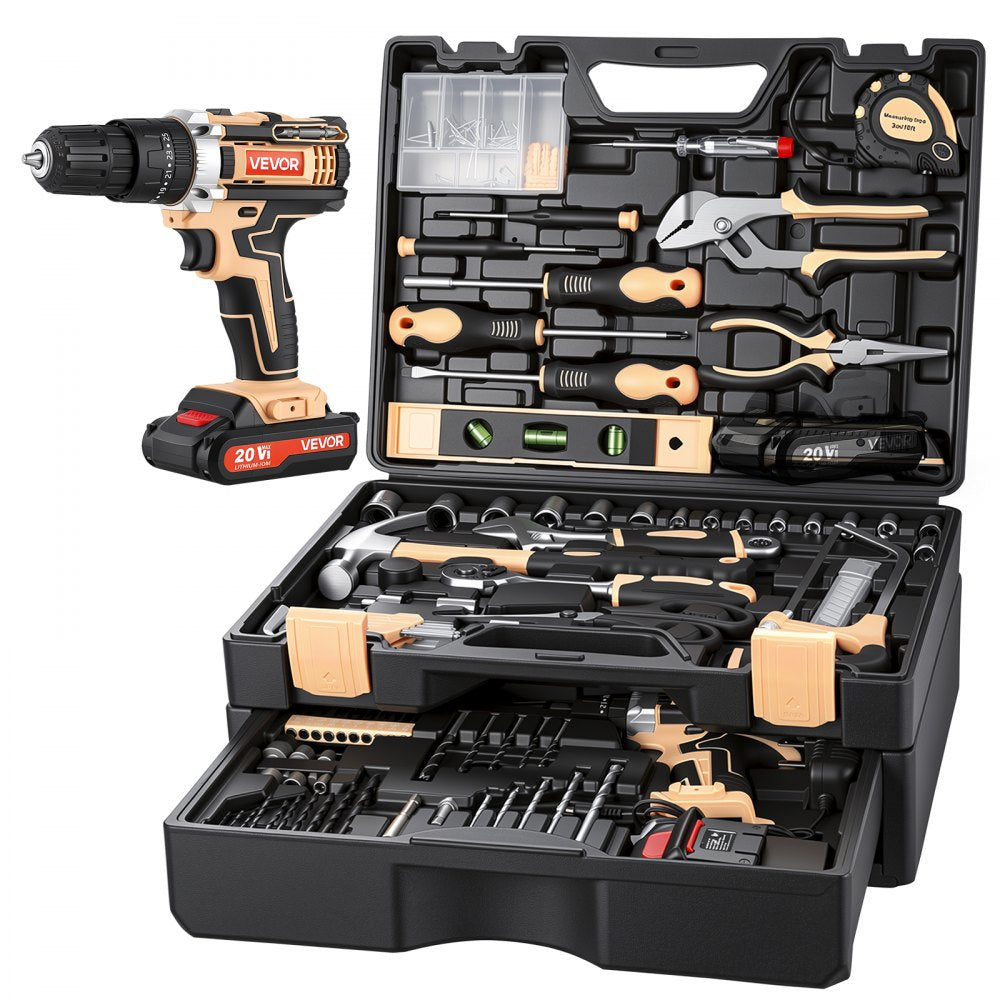 VEVOR Tool Kit 318-Piece General Household Tool Kit for Home Maintenance, For Everyday House Repairs, DIY Projects, with Portable Storage Case, High-Quality Steel, with Cordless Drill, Bits, Hammer