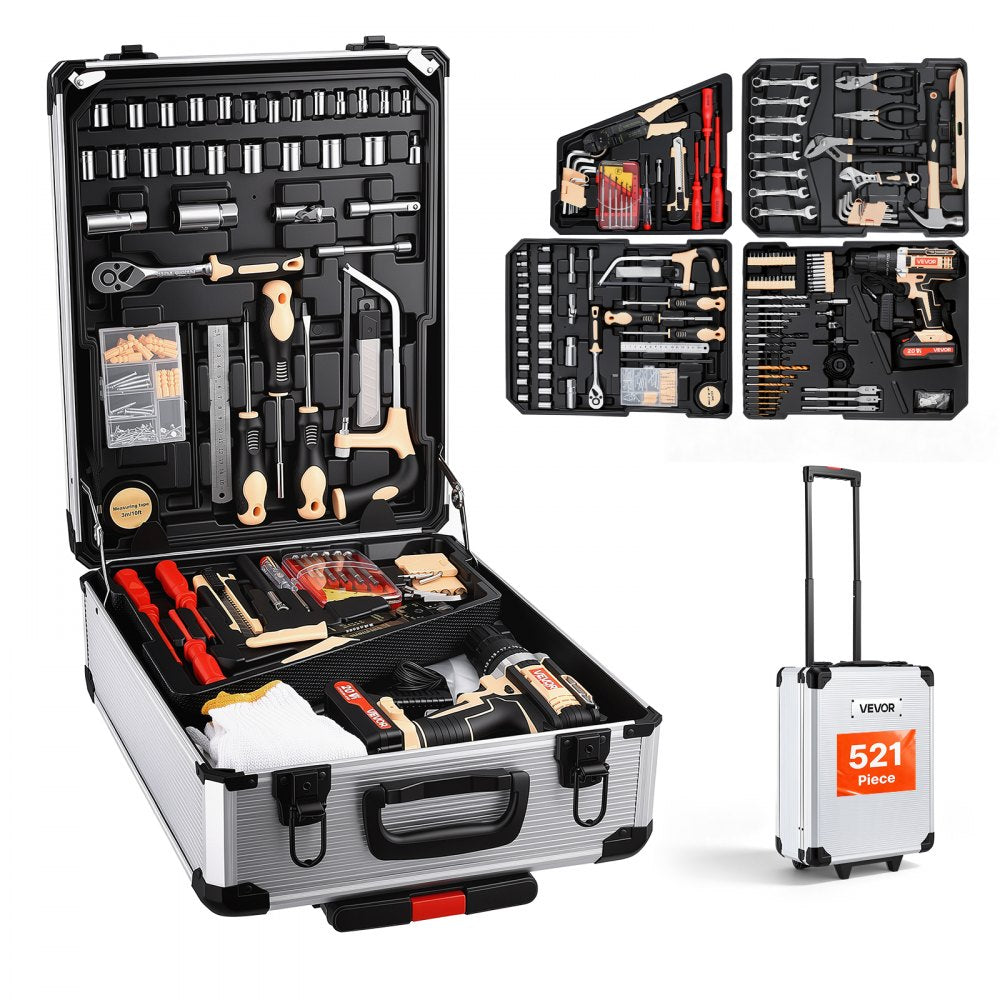 VEVOR Tool Kit 521-Piece General Household Tool Kit for Home Maintenance, For Everyday House Repairs, DIY Projects, with Portable Storage Case, High-Quality Steel, with Cordless Drill, Bits, Hammer