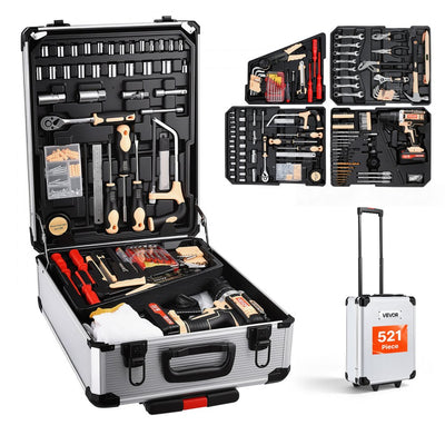 Vevor Tool Kit 521-Piece General Household Tool Kit with Cordless Drill and Portable Storage Case New