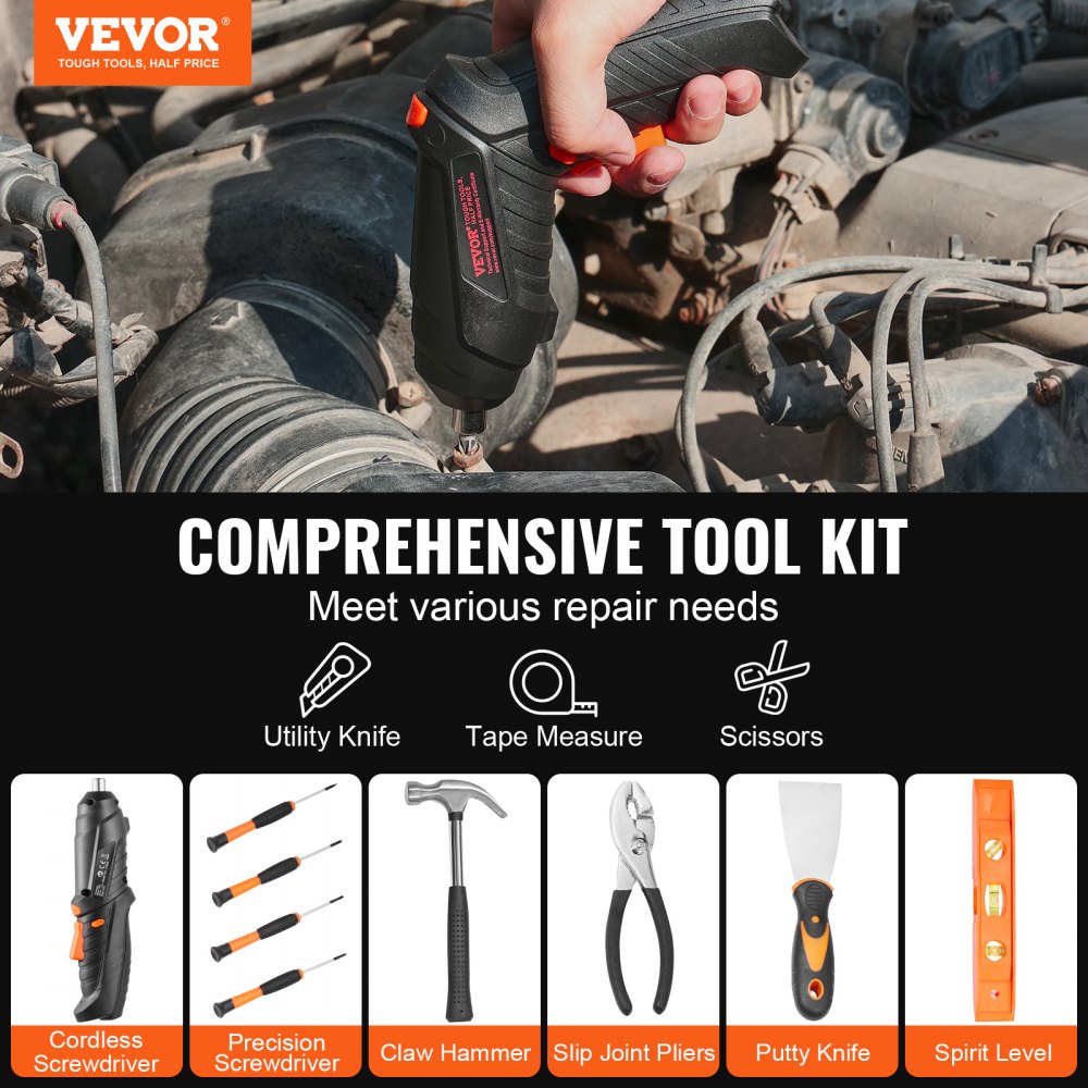VEVOR Tool Kit, 96 Piece General Household Hand Tool Set, with Cordless Screwdriver and Portable Tool Storage Case, High-Quality Steel, for Home Maintenance, DIY Projects, and Automotive Repair