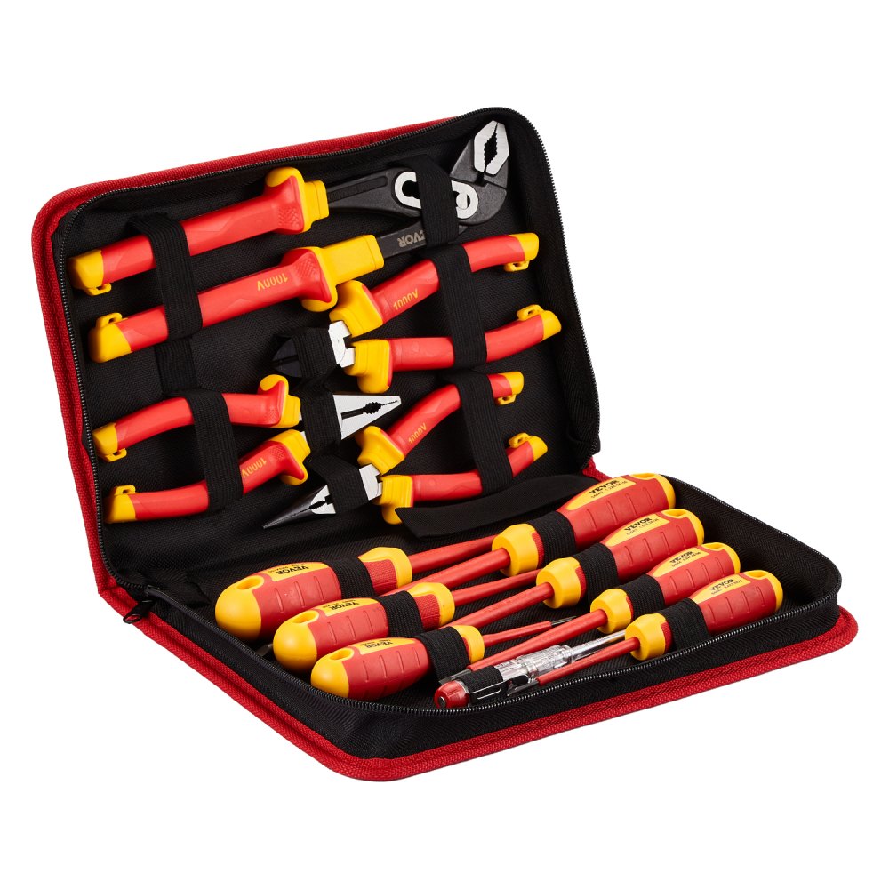 VEVOR Insulated Screwdriver Set, 12-Piece Professional Electrical Screwdriver Set, 1000V Insulated Electrician Tool Set, with Magnetic Phillips Slotted Tips, Insulated Pliers, and Diagonal Pliers