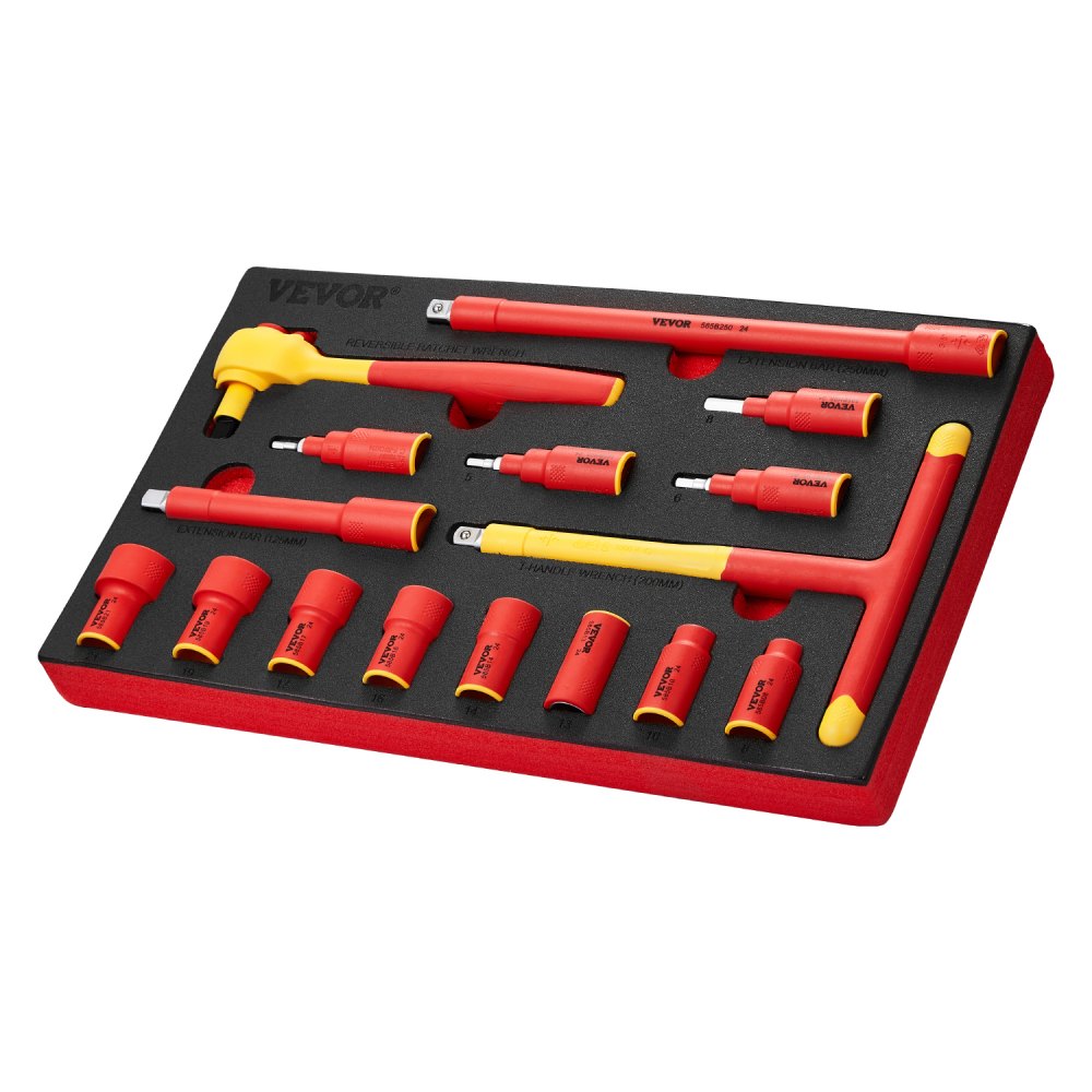 VEVOR Insulated Socket Set, 16-Piece Insulated Wrench Tool Set, 1000V Insulated Socket Tool, with Insulated Sockets, Insulated T-Handle Wrench, Drive Rachet, Extensions, for Electricians Home Repair