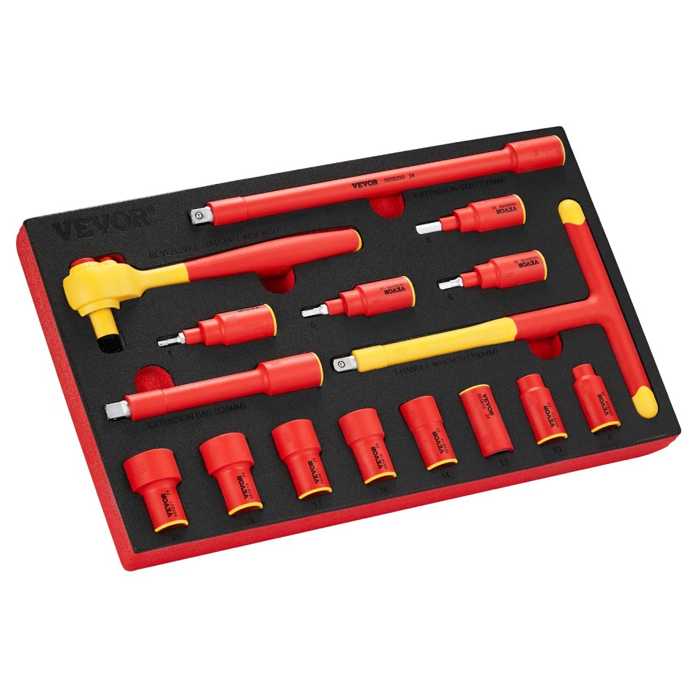 VEVOR Insulated Socket Set, 16-Piece Insulated Wrench Tool Set, 1000V Insulated Socket Tool, with Insulated Sockets, Insulated T-Handle Wrench, Drive Rachet, Extensions, for Electricians Home Repair