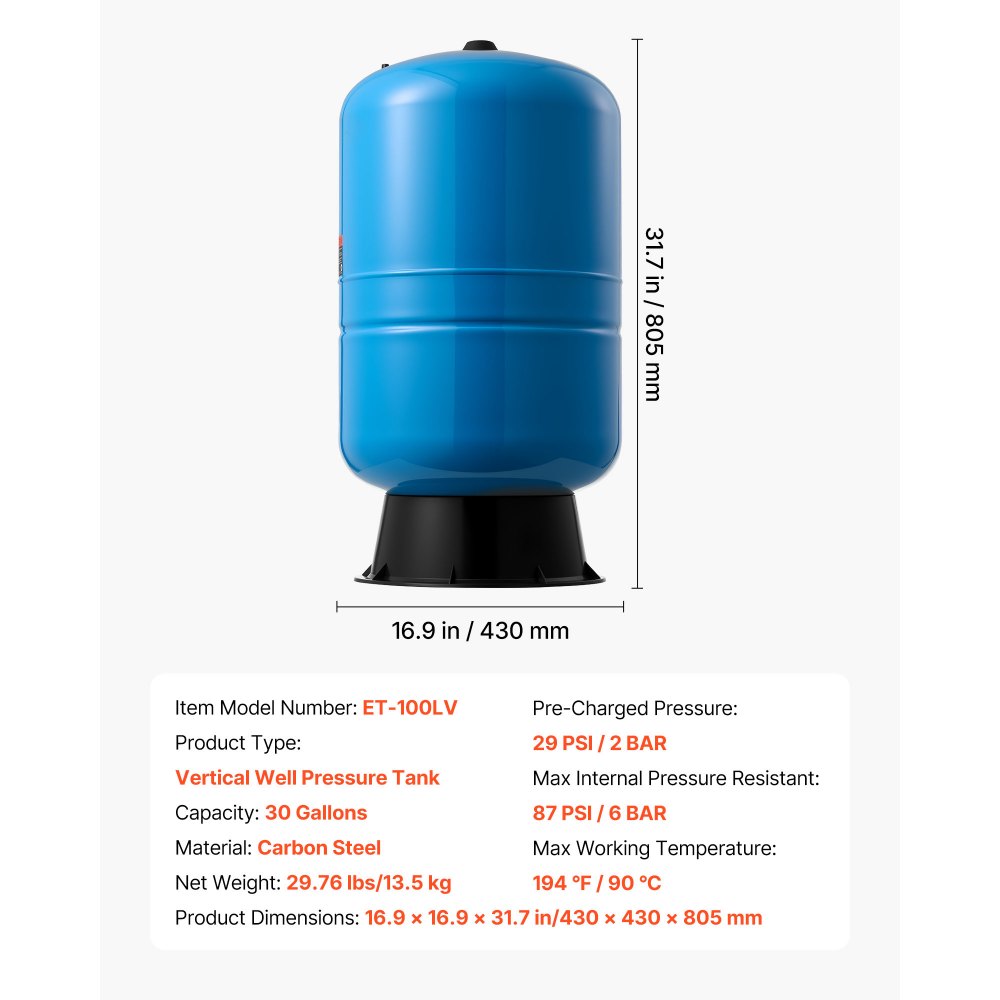 VEVOR 30-Gallon Vertical Well Pressure Tank - product size and specifications overview (ET-100LV)