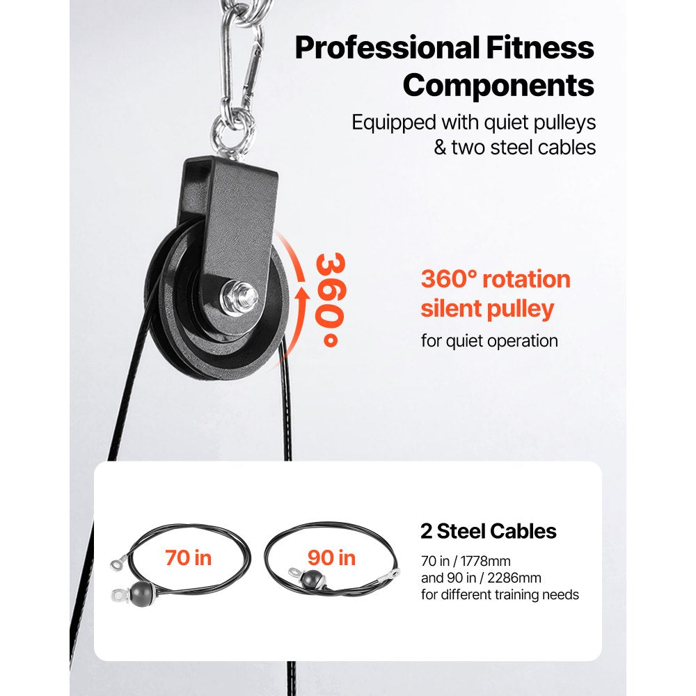VEVOR Pulley System, 1 PC LAT and Lift Pulley System, Gym Rack Pulleys Attachment with two Steel Cables, Short Bar, Dual Grip Handles, Cable Machine for Bicep, Shoulder, Back, Up to 280 lbs Capacity