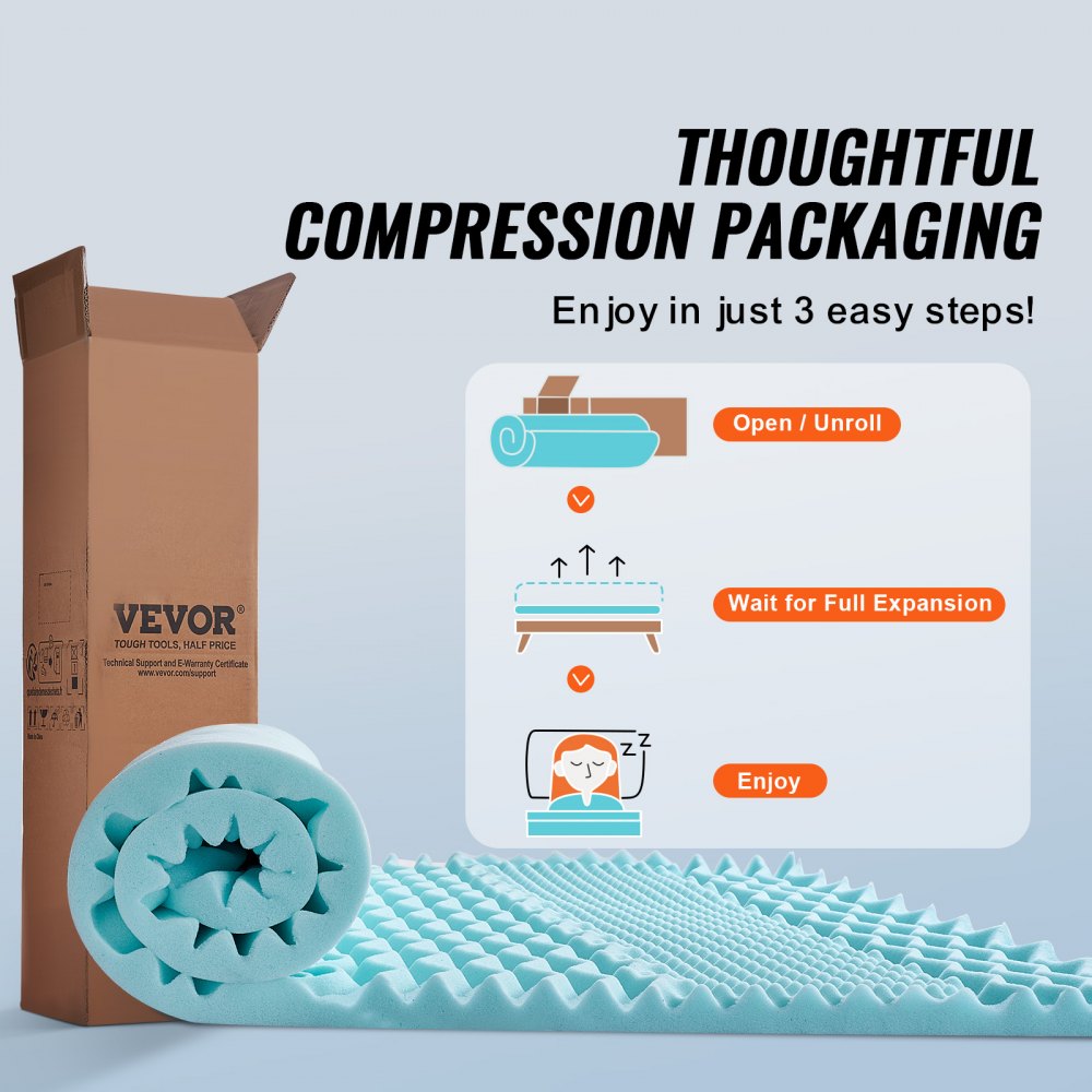 VEVOR Mattress Topper, Queen Size, 2" Thickness, Soft Memory Foam Mattress Pad, Cooling Gel Infusion, Compressed Package for Quick Setup, 7 Comfort Zones for Pressure Relief, Comfy Support for Any Bed