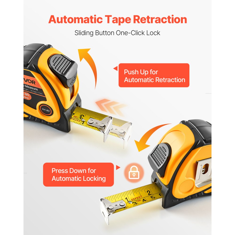 VEVOR 2 Packs Tape Measure 25 ft Length, Measuring Tape with Retractable, Imperial and Metric ft/m Dual-Scale & ABS Case & Easy Read Steel Measurement Tool,for Outdoor,Decoration