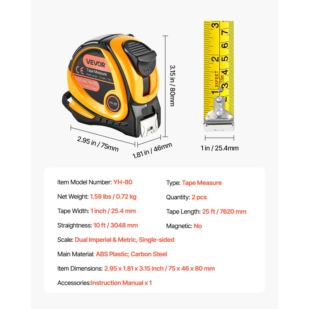 VEVOR 2 Packs Tape Measure 25 ft Length, Measuring Tape with Retractable, Imperial and Metric ft/m Dual-Scale & ABS Case & Easy Read Steel Measurement Tool,for Outdoor,Decoration