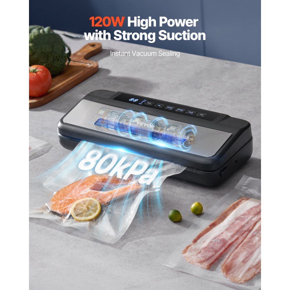 VEVOR Vacuum Sealer Machine, 80Kpa 120W Powerful Compact Food Sealer, 7-in-1 Multi-Functional Food Vacuum Sealer, Automatic Air Sealing System with Built-in Cutter with 10 Vacuum Bags & 1 Bag Roll