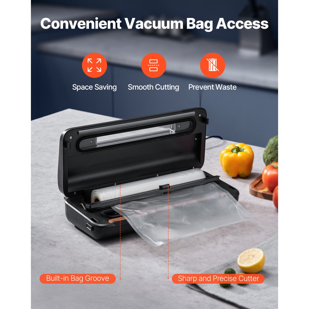 VEVOR Vacuum Sealer Machine, 80Kpa 120W Powerful Compact Food Sealer, 7-in-1 Multi-Functional Food Vacuum Sealer, Automatic Air Sealing System with Built-in Cutter with 10 Vacuum Bags & 1 Bag Roll