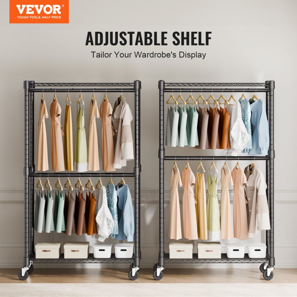 VEVOR Heavy Duty Clothes Rack, Double Hanging Rods Clothing Garment Rack with Bottom and Top Storage Tier, Rolling Clothing Rack for Hanging Clothes, 1'' Diameter Thicken Steel Tube Hold Up to 300Lbs
