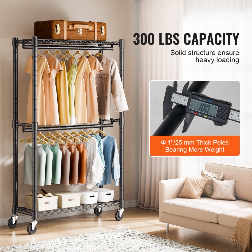 VEVOR Heavy Duty Clothes Rack, Double Hanging Rods Clothing Garment Rack with Bottom and Top Storage Tier, Rolling Clothing Rack for Hanging Clothes, 1'' Diameter Thicken Steel Tube Hold Up to 300Lbs