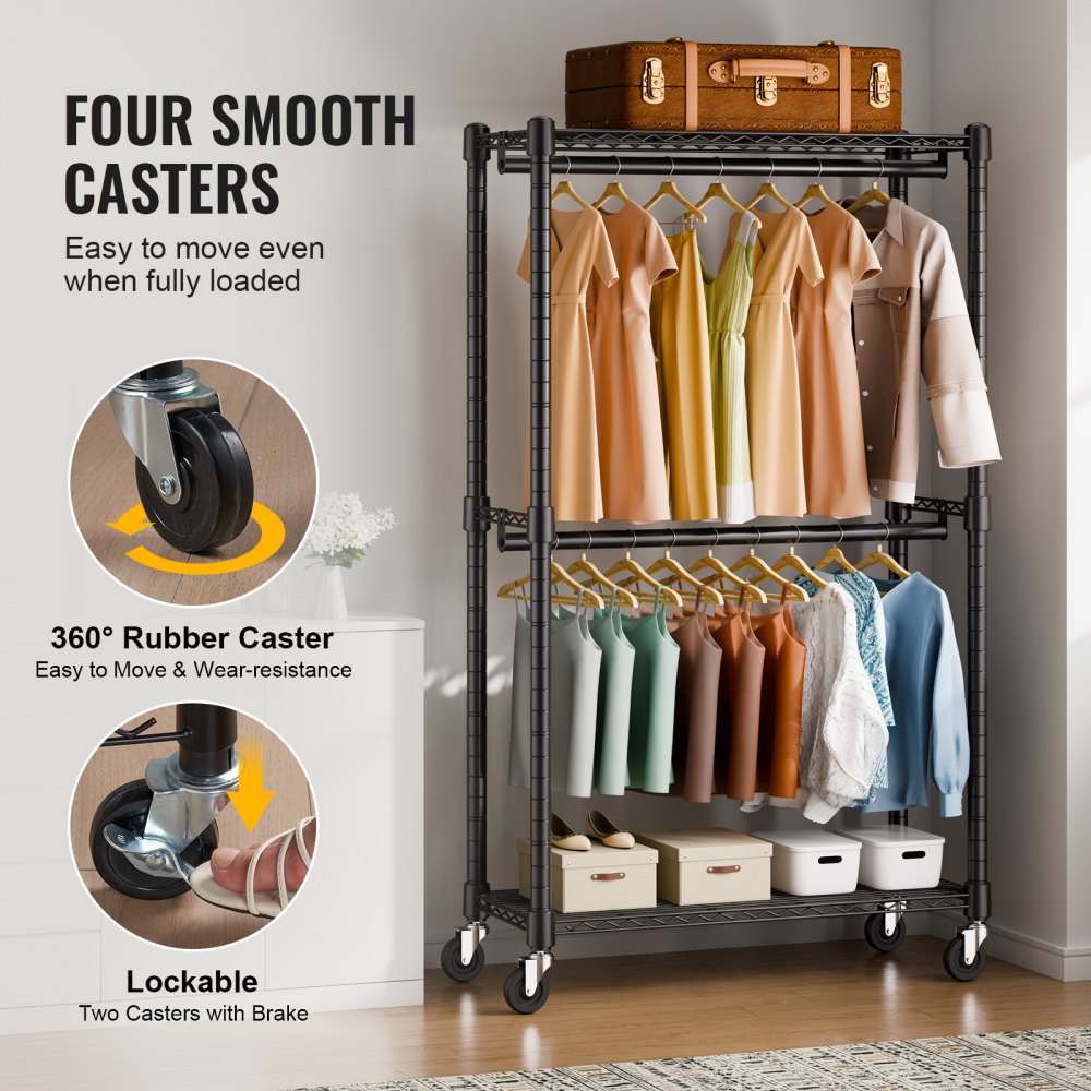 VEVOR Heavy Duty Clothes Rack, Double Hanging Rods Clothing Garment Rack with Bottom and Top Storage Tier, Rolling Clothing Rack for Hanging Clothes, 1'' Diameter Thicken Steel Tube Hold Up to 300Lbs