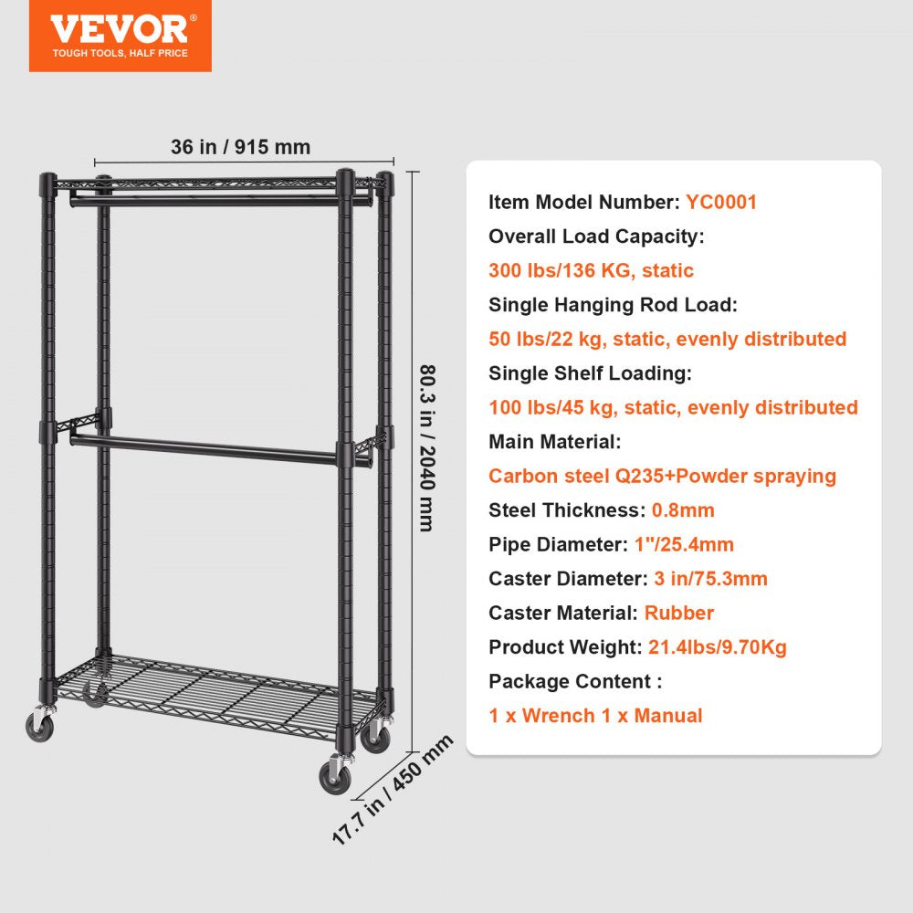 VEVOR Heavy Duty Clothes Rack, Double Hanging Rods Clothing Garment Rack with Bottom and Top Storage Tier, Rolling Clothing Rack for Hanging Clothes, 1'' Diameter Thicken Steel Tube Hold Up to 300Lbs