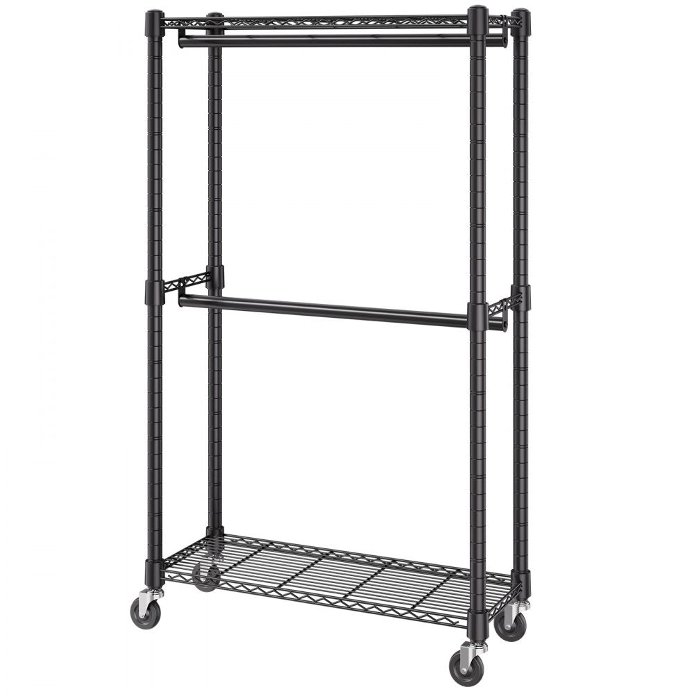 VEVOR Heavy Duty Clothes Rack, Double Hanging Rods Clothing Garment Rack with Bottom and Top Storage Tier, Rolling Clothing Rack for Hanging Clothes, 1'' Diameter Thicken Steel Tube Hold Up to 300Lbs