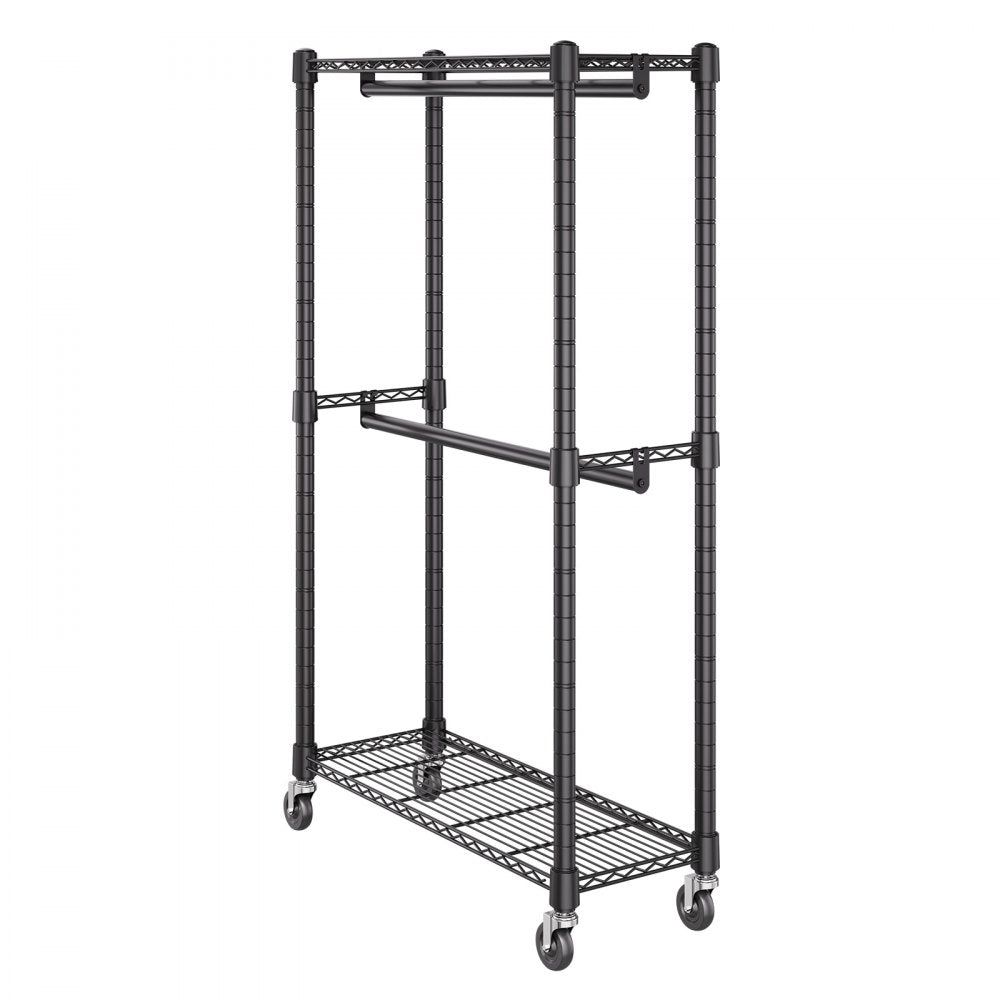 VEVOR Heavy Duty Clothes Rack, Double Hanging Rods Clothing Garment Rack with Bottom and Top Storage Tier, Rolling Clothing Rack for Hanging Clothes, 1'' Diameter Thicken Steel Tube Hold Up to 300Lbs