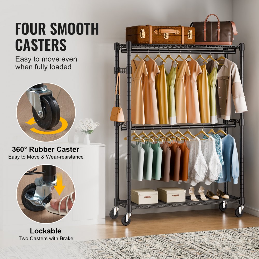 VEVOR Heavy Duty Clothes Rack, Rolling Clothing Garment Rack with 3 Storage Tiers, 2 Rods and 2 Pairs Side Hooks, Adjustable Height Clothing Rack Closet for Hanging Clothes, 400 Lbs Load Capacity