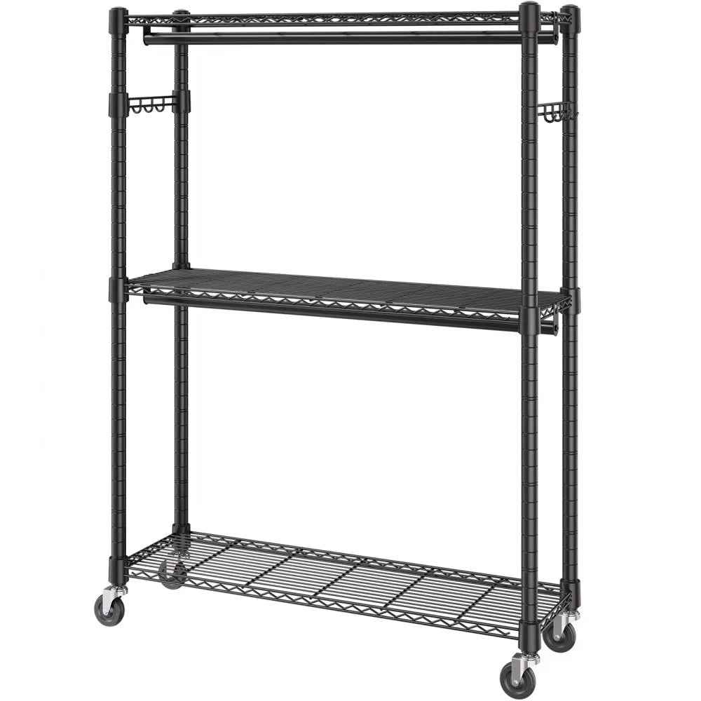 VEVOR Heavy Duty Clothes Rack, Rolling Clothing Garment Rack with 3 Storage Tiers, 2 Rods and 2 Pairs Side Hooks, Adjustable Height Clothing Rack Closet for Hanging Clothes, 400 Lbs Load Capacity