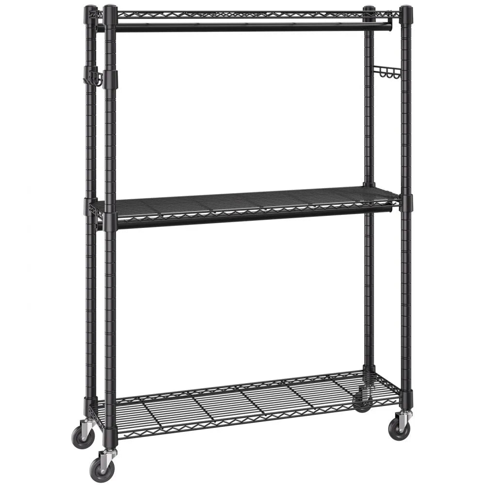VEVOR Heavy Duty Clothes Rack, Rolling Clothing Garment Rack with 3 Storage Tiers, 2 Rods and 2 Pairs Side Hooks, Adjustable Height Clothing Rack Closet for Hanging Clothes, 400 Lbs Load Capacity