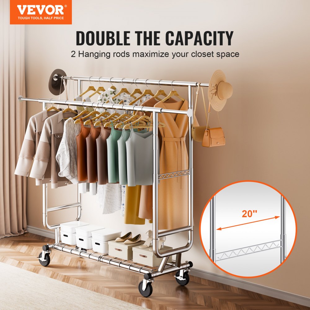 VEVOR Heavy Duty Clothes Rack, Double Hanging Rod Clothing Garment Rack for Hanging Clothes, Adjustable Height and Extendable Length Clothing Rack with Bottom Storage Area, 600 lbs Load Capacity