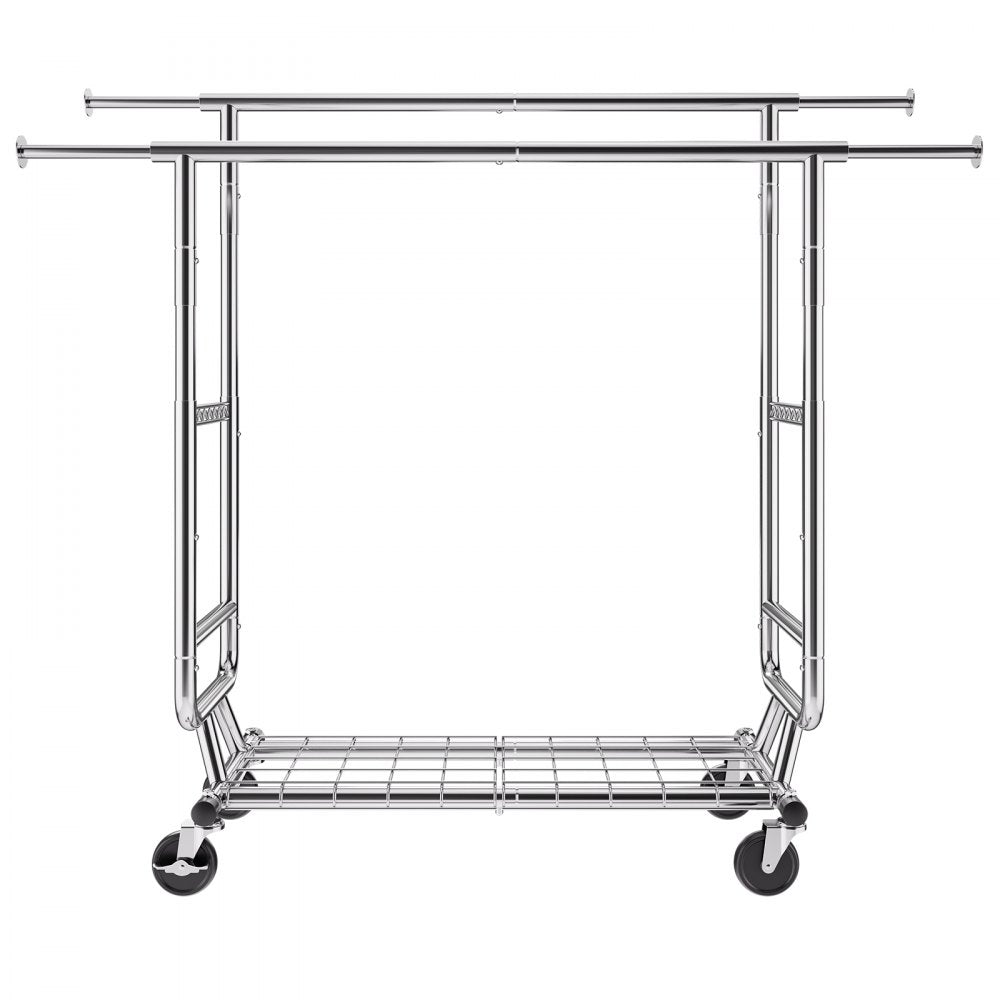VEVOR Heavy Duty Clothes Rack, Double Hanging Rod Clothing Garment Rack for Hanging Clothes, Adjustable Height and Extendable Length Clothing Rack with Bottom Storage Area, 600 lbs Load Capacity