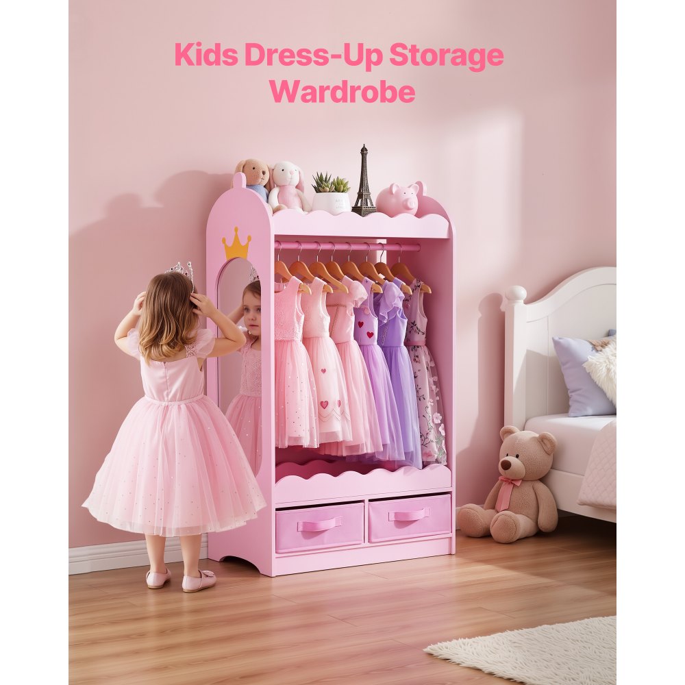 VEVOR Kids Dress Up Storage, with Mirror, Toddler Costume Wardrobe with Drawer, Dress Up Wardrobe Closet for Little Girls, Pretend Storage Dresser, Costume Organizer, for Bedroom, Kids Room, Pink
