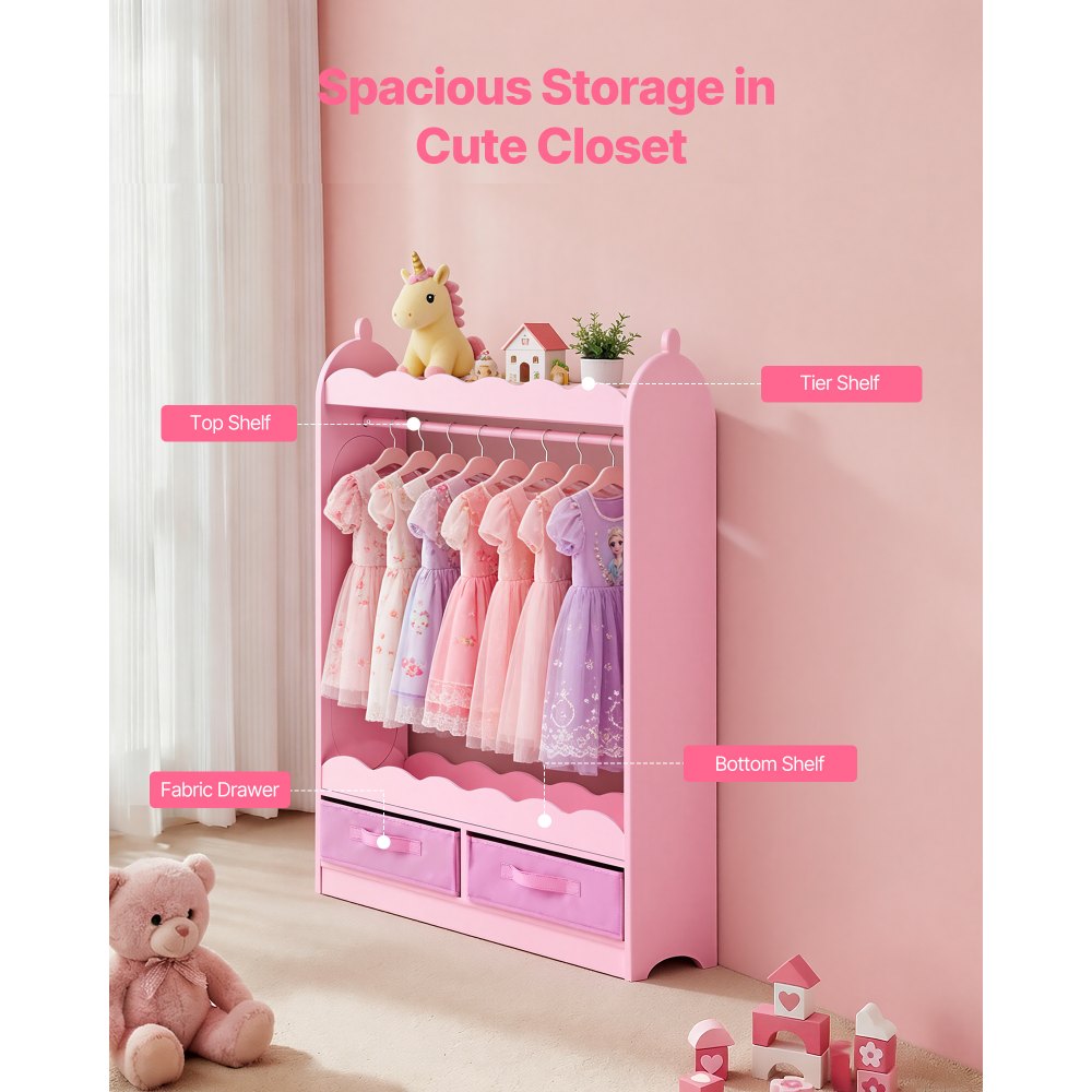 VEVOR Kids Dress Up Storage, with Mirror, Toddler Costume Wardrobe with Drawer, Dress Up Wardrobe Closet for Little Girls, Pretend Storage Dresser, Costume Organizer, for Bedroom, Kids Room, Pink