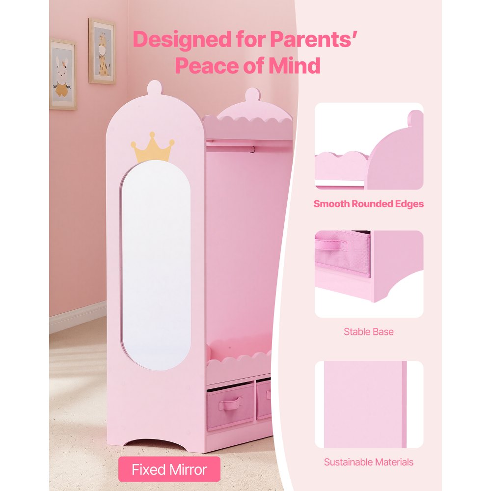 VEVOR Kids Dress Up Storage, with Mirror, Toddler Costume Wardrobe with Drawer, Dress Up Wardrobe Closet for Little Girls, Pretend Storage Dresser, Costume Organizer, for Bedroom, Kids Room, Pink