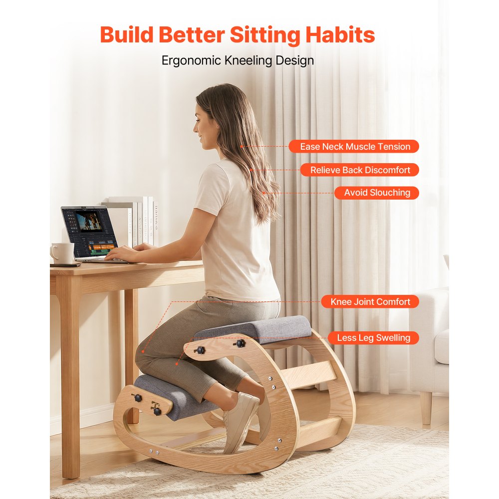 VEVOR Ergonomic Kneeling Chair, Wooden Posture Knee Chair with Adjustable Thick Foam Cushions & Solid Wood Frame, Adjustable Height, Relief for Neck or Back Pain for Home, Office or Meditation, Gray