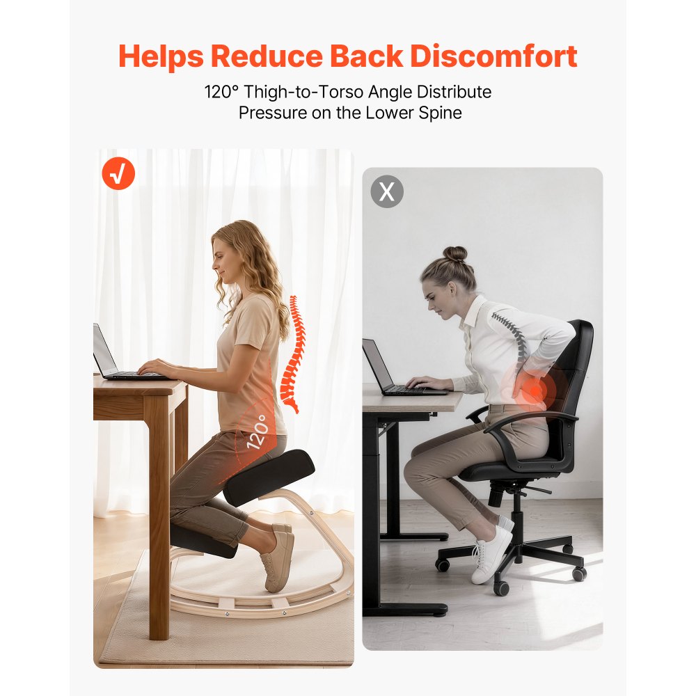 VEVOR Ergonomic Kneeling Chair, Wooden Posture Knee Chair with Thick Foam Cushions and Solid Wood Frame, Adjustable Height, Natural Relief for Neck or Back Pain, Ideal for Home, Office or Meditation