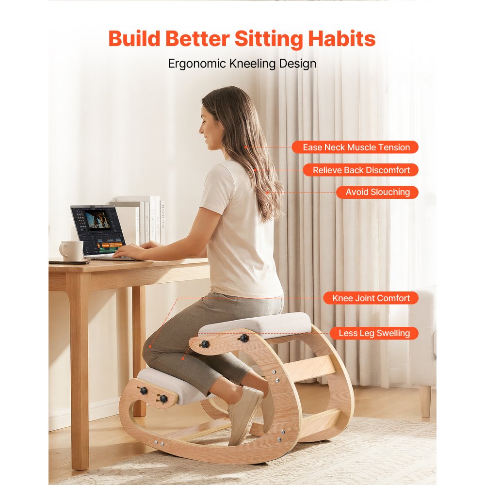 VEVOR Ergonomic Kneeling Chair, Wooden Posture Knee Chair with Adjustable Thick Foam Cushions & Solid Wood Frame, Adjustable Height, Relief for Neck or Back Pain for Home, Office or Meditation, Beige
