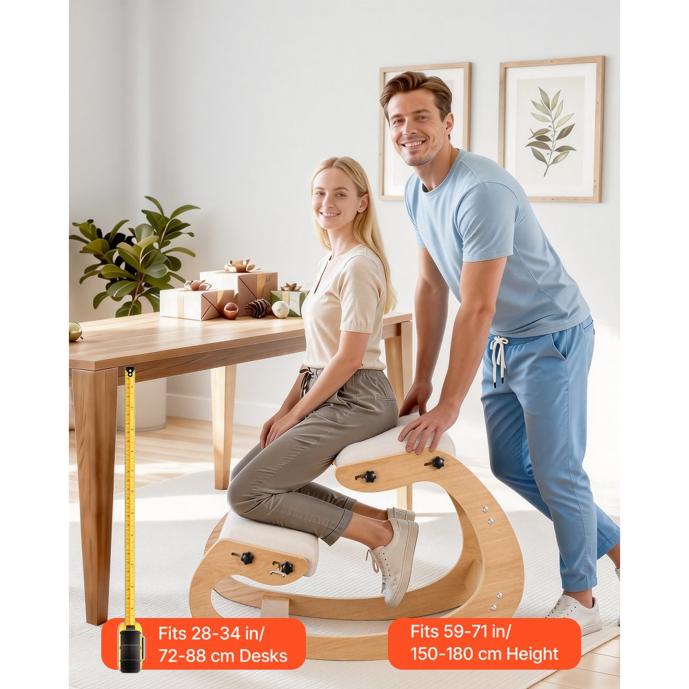 VEVOR Ergonomic Kneeling Chair, Wooden Posture Knee Chair with Adjustable Thick Foam Cushions & Solid Wood Frame, Adjustable Height, Relief for Neck or Back Pain for Home, Office or Meditation, Beige