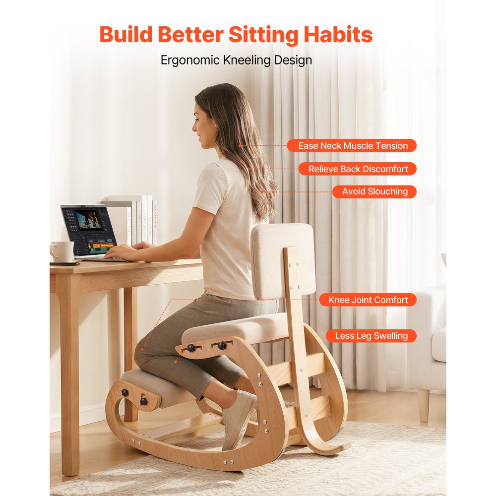 VEVOR Ergonomic Kneeling Chair, Wooden Posture Knee Chair with Adjustable Thick Foam Cushions, Backrest and Wood Frame, Adjustable Height, Relief for Neck or Back Pain for Home, Office or Meditation