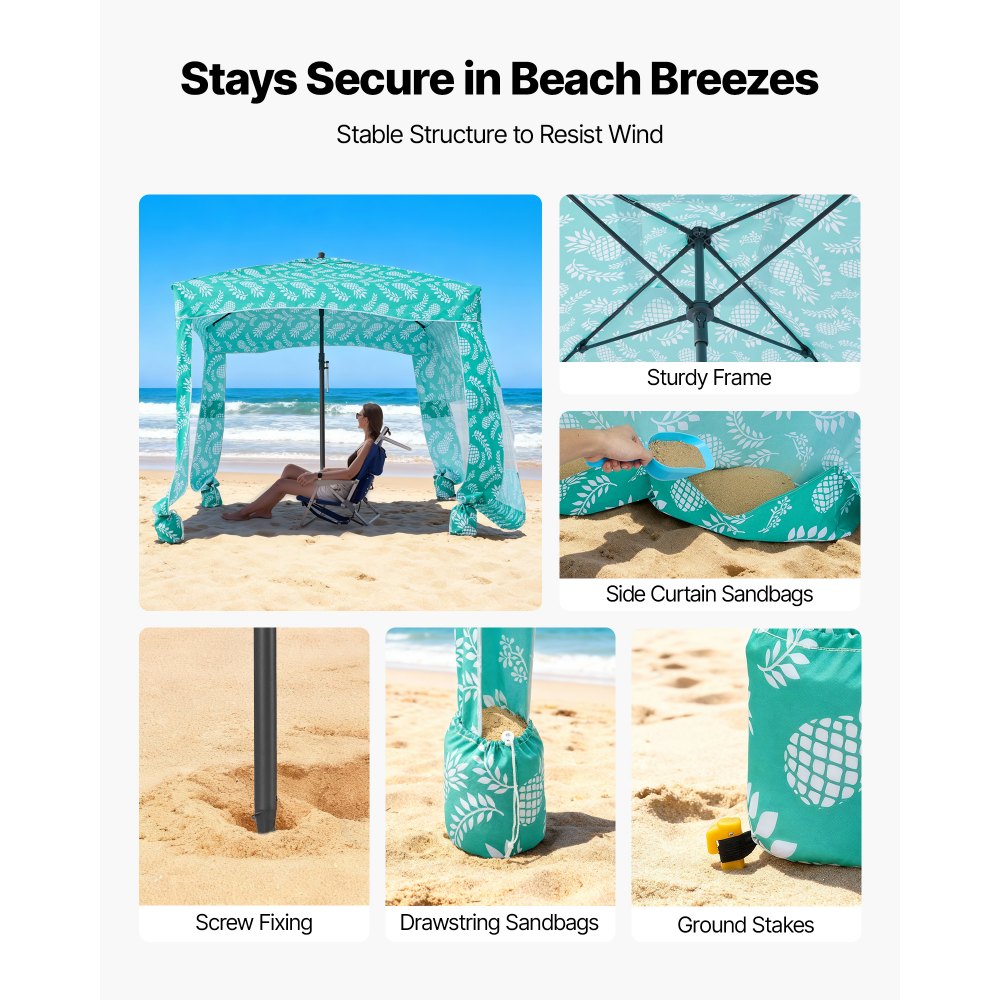 VEVOR Beach Cabana, 6 x 6 ft Beach Canopy with Side Wall, UPF 50+ Protection Easy Setup Cabana Tent with Sand Pockets, Large Portable Shade Sun Shelter, Outdoor Umbrella for Whole Family & Friends