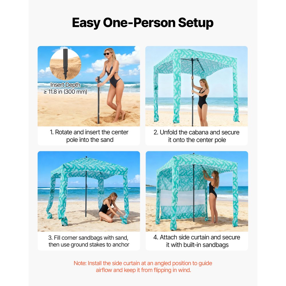 VEVOR Beach Cabana, 6 x 6 ft Beach Canopy with Side Wall, UPF 50+ Protection Easy Setup Cabana Tent with Sand Pockets, Large Portable Shade Sun Shelter, Outdoor Umbrella for Whole Family & Friends