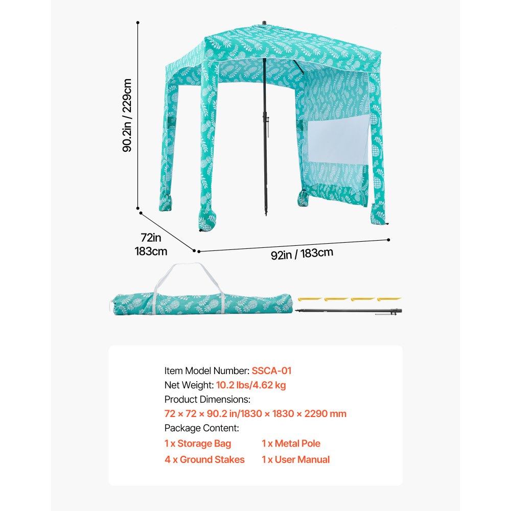 VEVOR Beach Cabana, 6 x 6 ft Beach Canopy with Side Wall, UPF 50+ Protection Easy Setup Cabana Tent with Sand Pockets, Large Portable Shade Sun Shelter, Outdoor Umbrella for Whole Family & Friends
