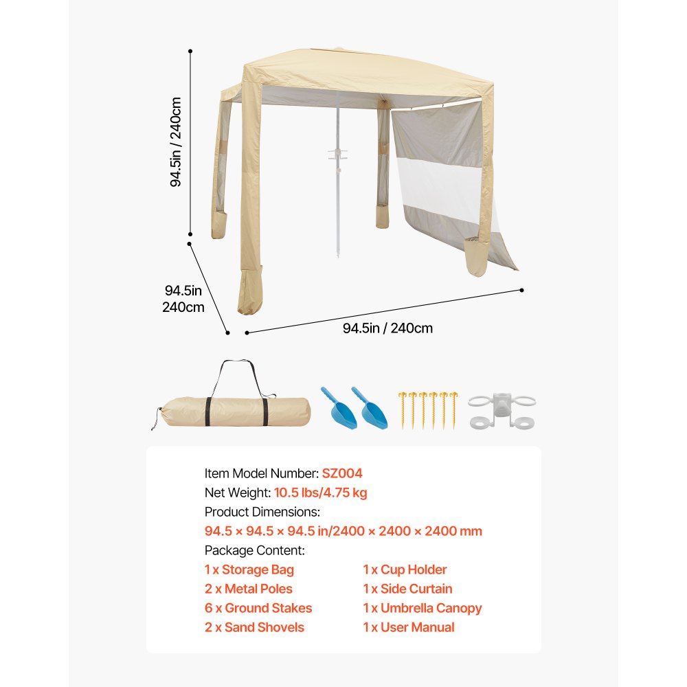 VEVOR Beach Cabana, 8 x 8 ft Beach Canopy with Side Wall, UPF 50+ Protection Easy Setup Cabana Tent with Sand Pockets, Adjustable Height Portable Shade Sun Shelter Umbrella for Family & Friends, Khaki