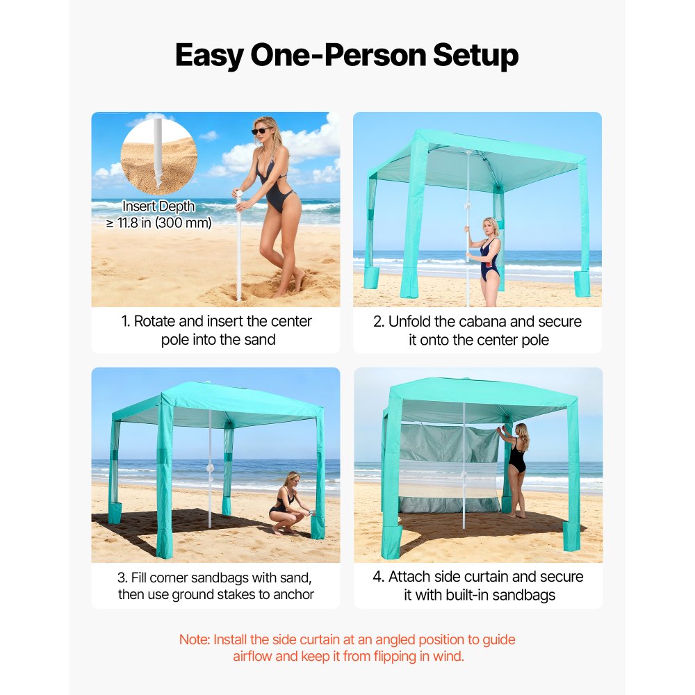 VEVOR Beach Cabana, 8 x 8 ft Beach Canopy with Side Wall, UPF 50+ Protection Easy Setup Cabana Tent with Sand Pockets, Adjustable Height Portable Shade Sun Shelter Umbrella for Family & Friends, Green
