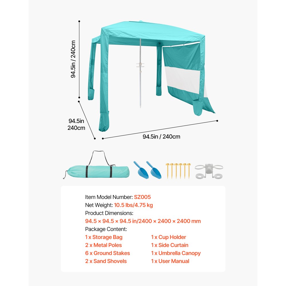 VEVOR Beach Cabana, 8 x 8 ft Beach Canopy with Side Wall, UPF 50+ Protection Easy Setup Cabana Tent with Sand Pockets, Adjustable Height Portable Shade Sun Shelter Umbrella for Family & Friends, Green