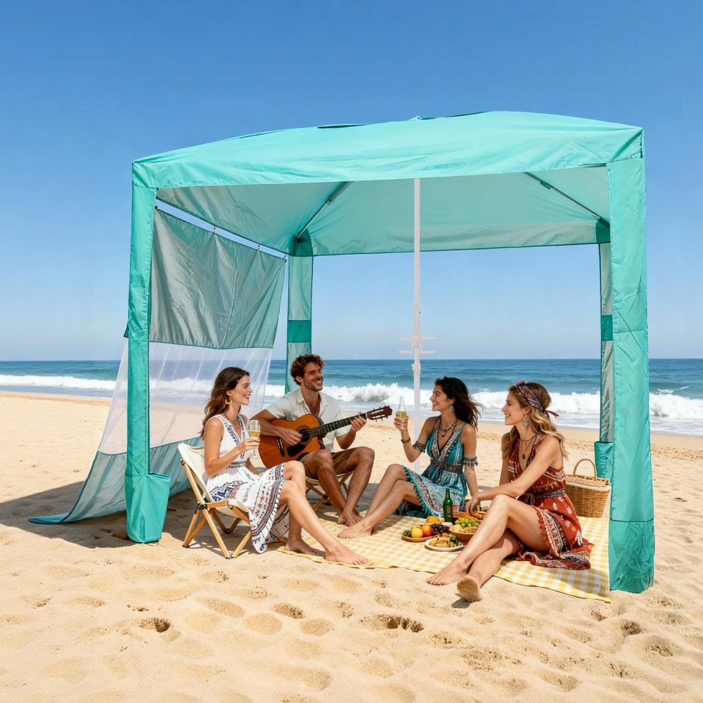 VEVOR Beach Cabana, 8 x 8 ft Beach Canopy with Side Wall, UPF 50+ Protection Easy Setup Cabana Tent with Sand Pockets, Adjustable Height Portable Shade Sun Shelter Umbrella for Family & Friends, Green