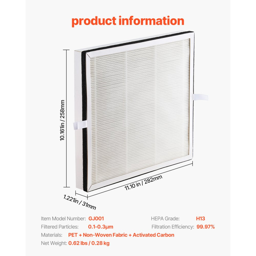 VEVOR Air Purifier Replacement Filter, H13, 3-in-1 Compact & Lightweight Replacement Filter with Sturdy PET Pre-Filter, Easy-to-Grab Purifier Filter with Activated Carbon, Fit for Square Purifier