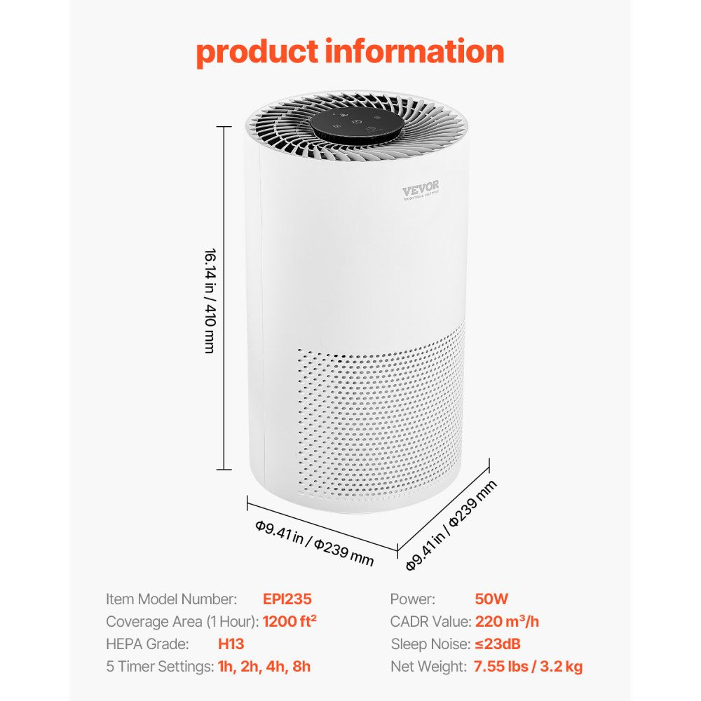 VEVOR Air Purifier, H13 HEPA Layer, 1200 ft²/h Smart Air Purifier with Speed Control & Child Lock Guard, Efficient Air Cleaner with Convenient Touch Panel & 23 dB Sleep Mode, Fit for Home & Office