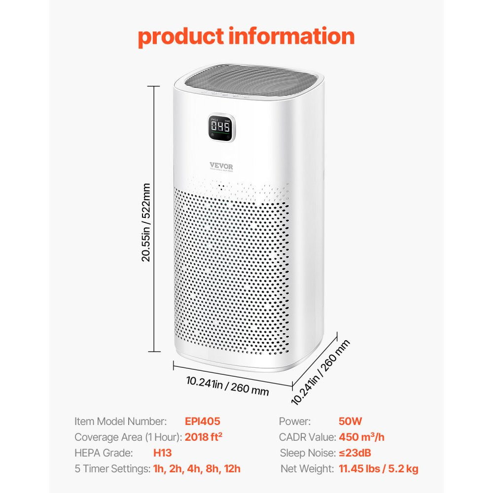VEVOR Air Purifier, H13 HEPA Layer, 2018 ft²/h Smart Air Purifier with Speed Control & Child Lock Guard, Efficient Air Cleaner with Convenient Touch Panel & 23 dB Sleep Mode, Fit for Home & Office
