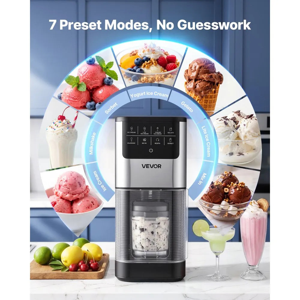 VEVOR Ice Cream Maker, 7-in-1 Frozen Treat Maker for Gelato, Sorbet, Milkshake, Frozen Yogurt & Lite Ice Cream, Homemade Ice-Cream Machine with One-Touch Mix-in + Respin for Smooth, Creamy Texture