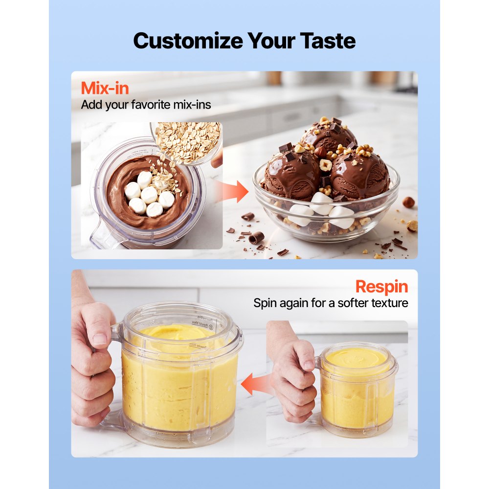 VEVOR Ice Cream Maker, 7-in-1 Frozen Treat Maker for Gelato, Sorbet, Milkshake, Frozen Yogurt & Lite Ice Cream, Homemade Ice-Cream Machine with One-Touch Mix-in + Respin for Smooth, Creamy Texture