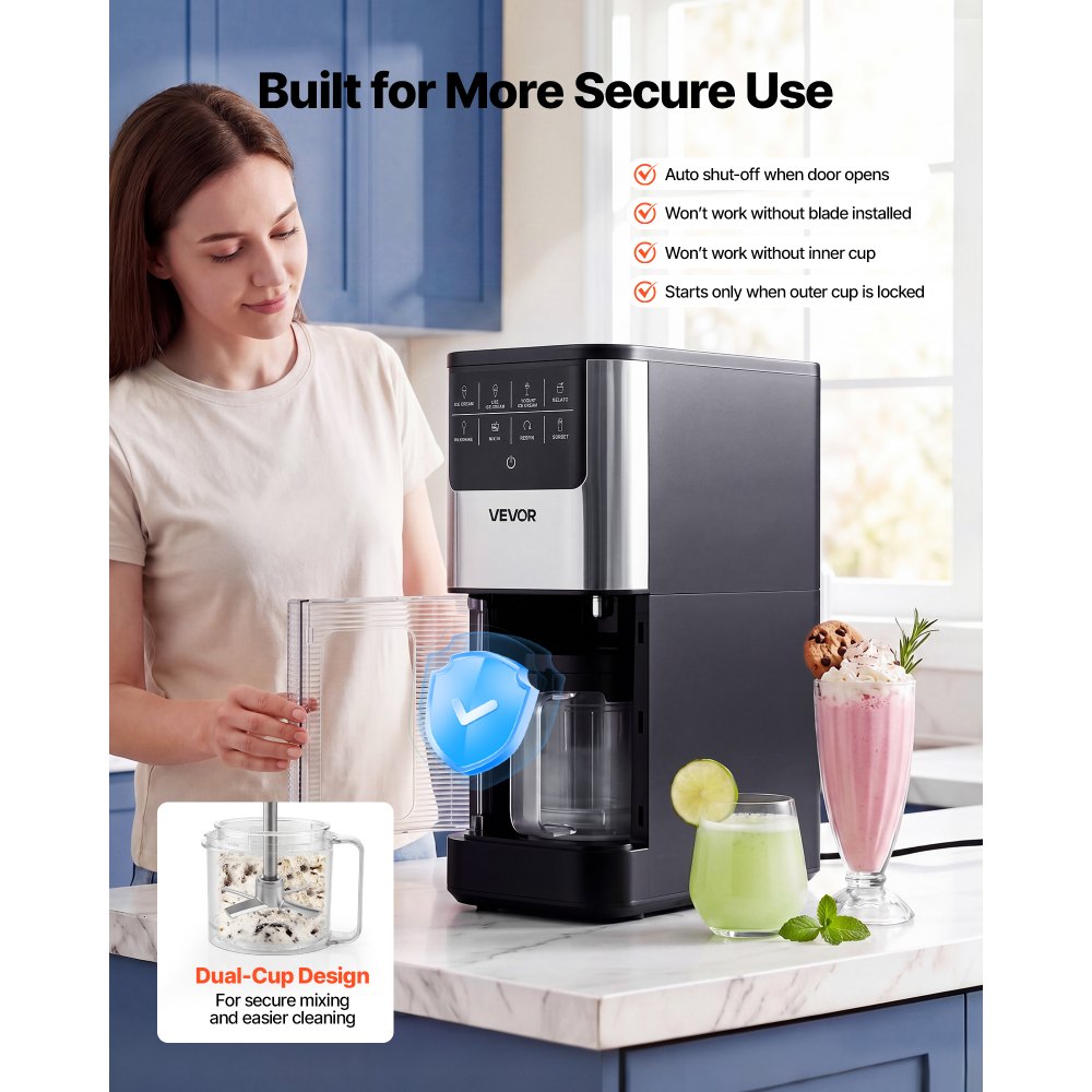VEVOR Ice Cream Maker, 7-in-1 Frozen Treat Maker for Gelato, Sorbet, Milkshake, Frozen Yogurt & Lite Ice Cream, Homemade Ice-Cream Machine with One-Touch Mix-in + Respin for Smooth, Creamy Texture