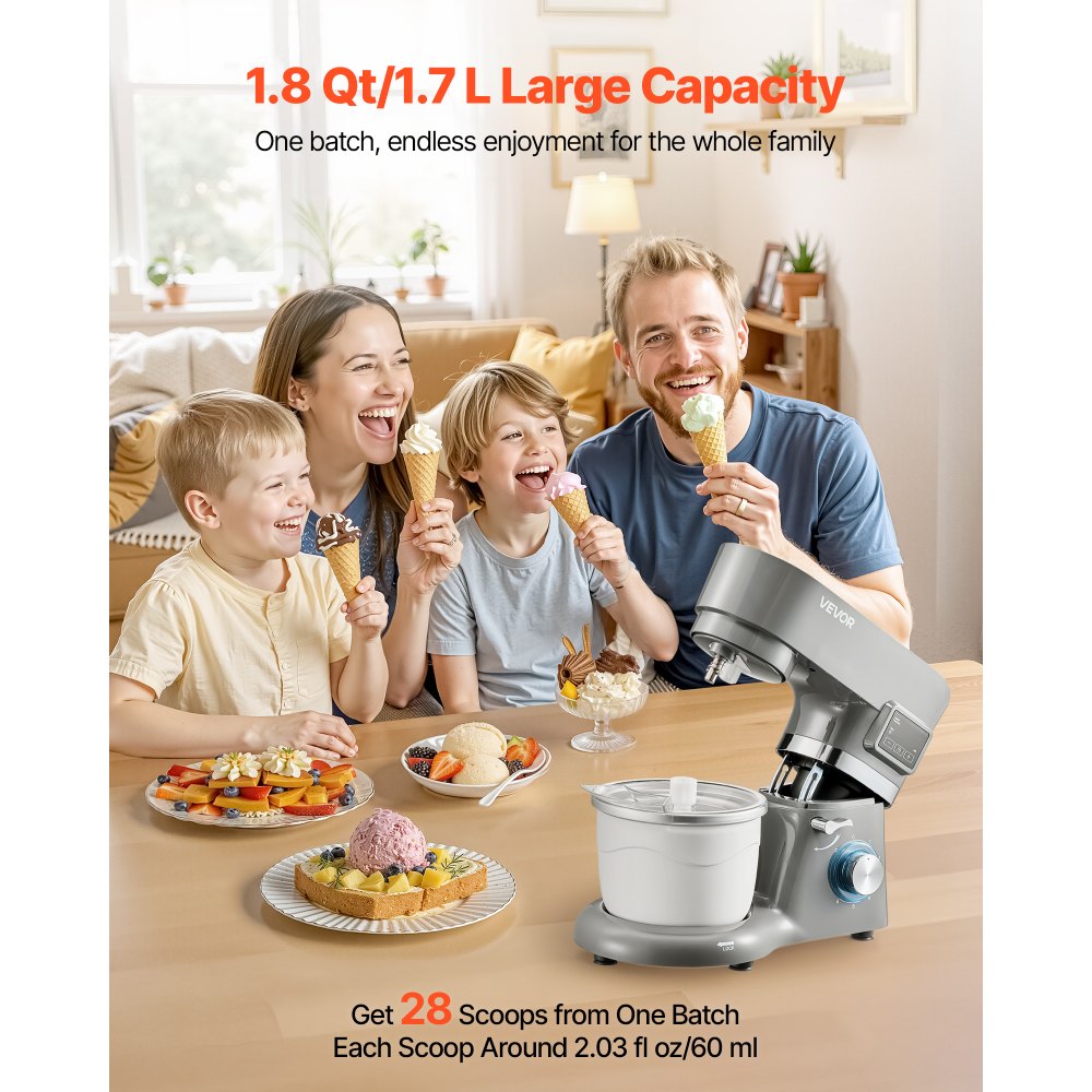 VEVOR Ice Cream Maker, 1.8 Qt. Capacity, 6-Speed Electric Stand Mixer, with LED Digital Display & Timer, Mixing Paddle, Dough Hook, Splash Guard, for Homemade Frozen Yogurt Fruit Sorbet Gelato, Grey