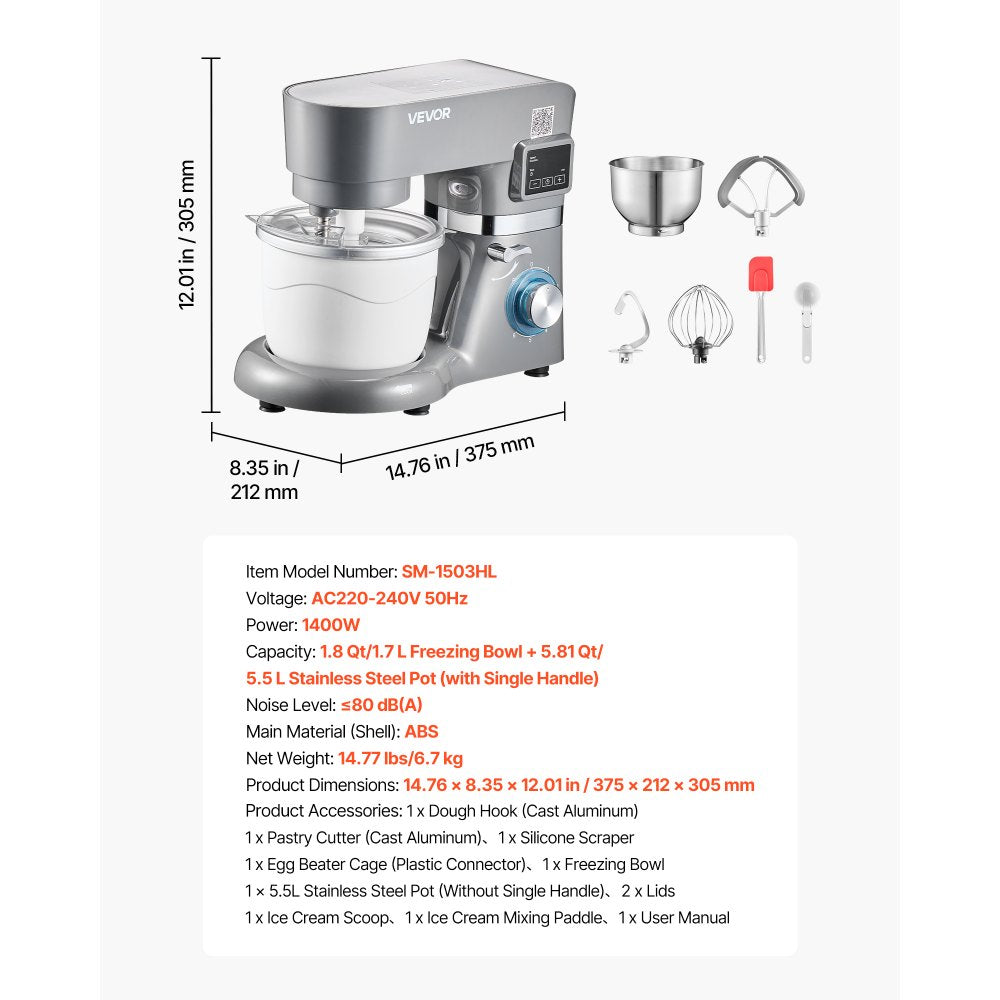 VEVOR Ice Cream Maker, 1.8 Qt. Capacity, 6-Speed Electric Stand Mixer, with LED Digital Display & Timer, Mixing Paddle, Dough Hook, Splash Guard, for Homemade Frozen Yogurt Fruit Sorbet Gelato, Grey