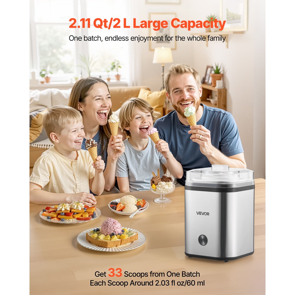 VEVOR Ice Cream Maker, 2.11 Qt. Large Capacity, Electric Automatic Ice-Cream Machine, with Easy Operation & Cleaning, Stainless Steel Shell, for Homemade Frozen Yogurt, Fruit Sorbet, Gelato, Silver